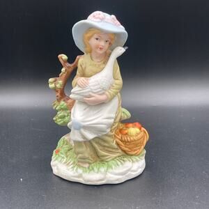 Vintage Flambro Girl Holding Goose Porcelain Figurine 6" Tall